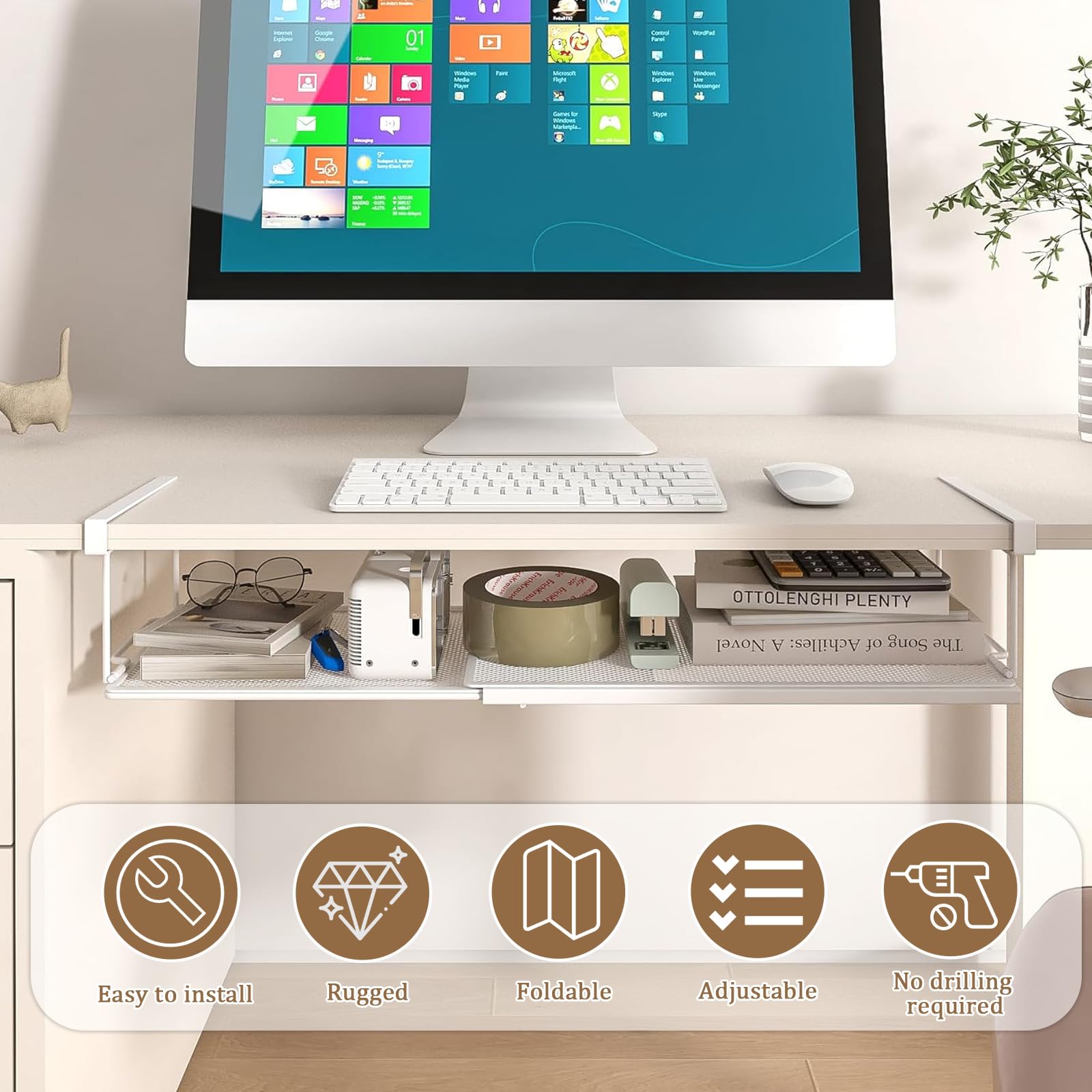 CHENGCKJ Unterregal mit Verstellbarer 38-70cm Hängekorb aus Metall Regal Organizer schrankkörbe faltbares Drahtgitter-Aufbewahrungsregal für Küchenschränken Schuhschränken Kleiderschränken (Weiß)