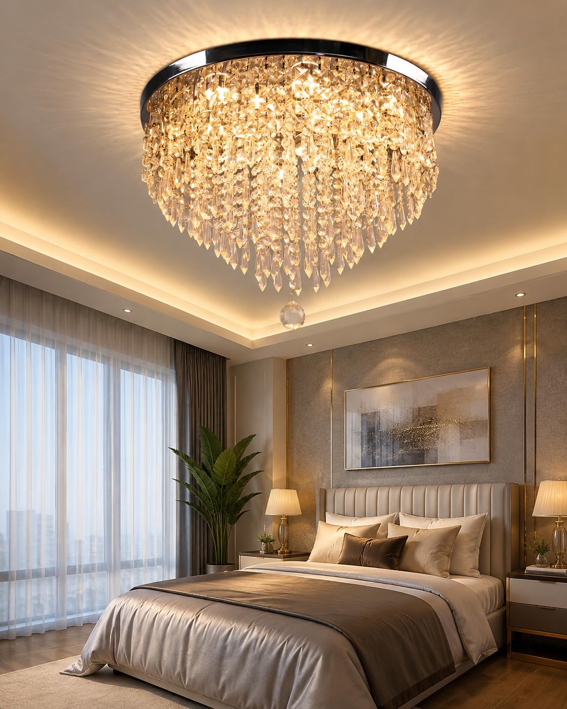 Modern Design 3 in 1 Colour LED Flush Mount Crystal Jhumar Lightning Fixture Pendant Lamp Chandelier Ceiling Lights for Hall, Living Room, Bedroom, Dining Room, Home, Entryway (Steel, 54 Watt)-image-9