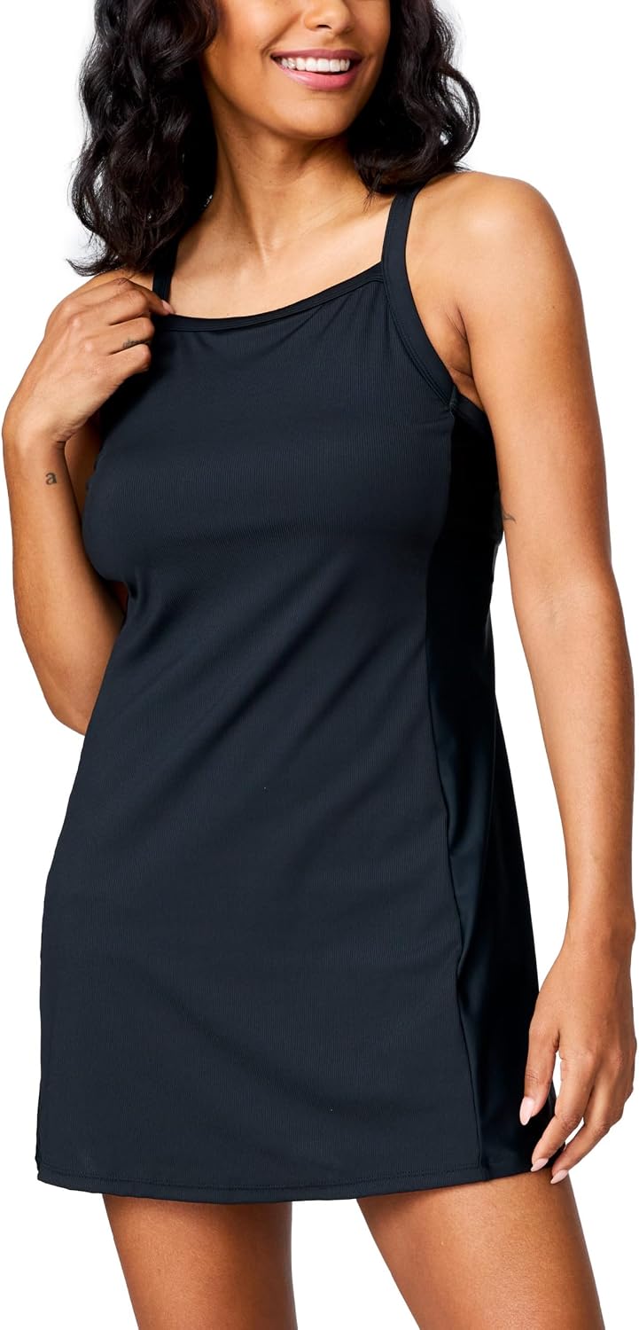 Free Country Women's Swim Dress Built-in Biker Shorts and Shelf Bra Adjustable Swimsuit UPF 50+ Quick Dry Tummy Control-SWD