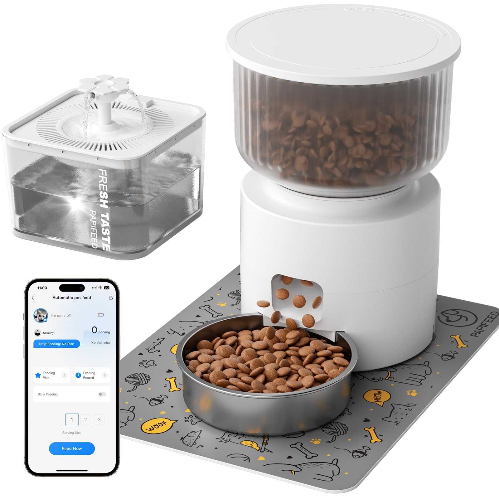 PAPIFEED Automatic Cat Feeder and Water Fountain, 3L/12 Cups 2.4G WiFi Pet Feeder with Stainless Steel Bowl, Smart APP Control for Remote Feeding, 1-12 Meals Per Day, Detachable for Easy Clean (White)
