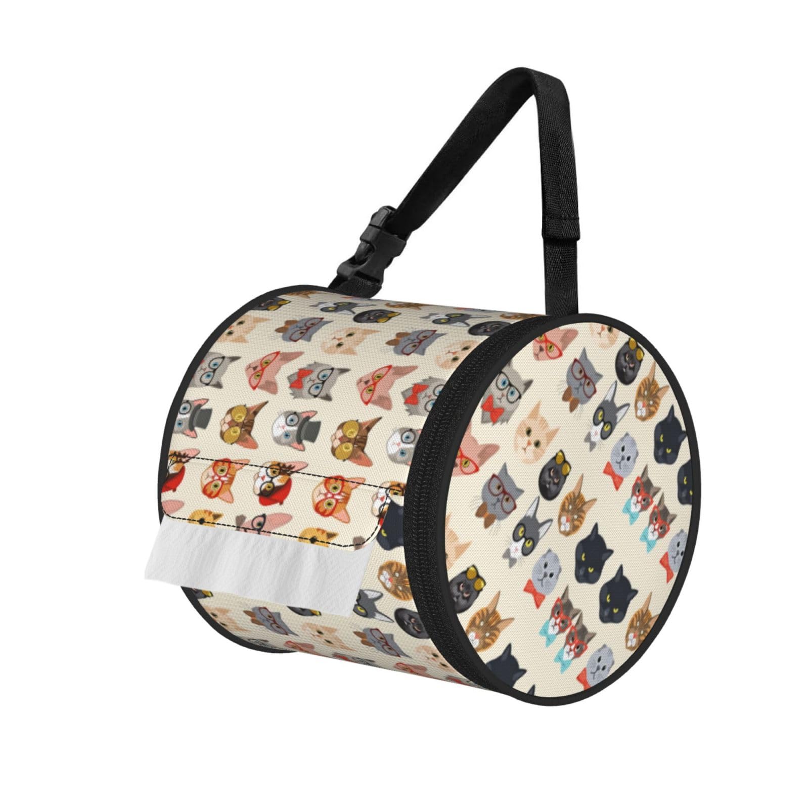 Funny Cats Print Round Tissue Dispenser Bag With Carry Strap, Portable Roll Holder For Car Travel Home