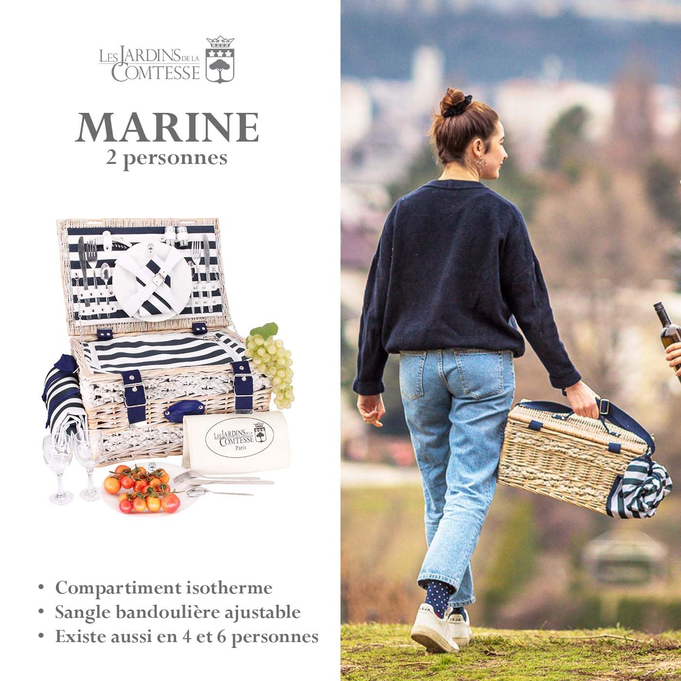 Les Jardins de la Comtesse - Cestino da picnic "Marine" per 2 persone, completo con scompartimento isotermico - Dimensioni: 40x28x23cm