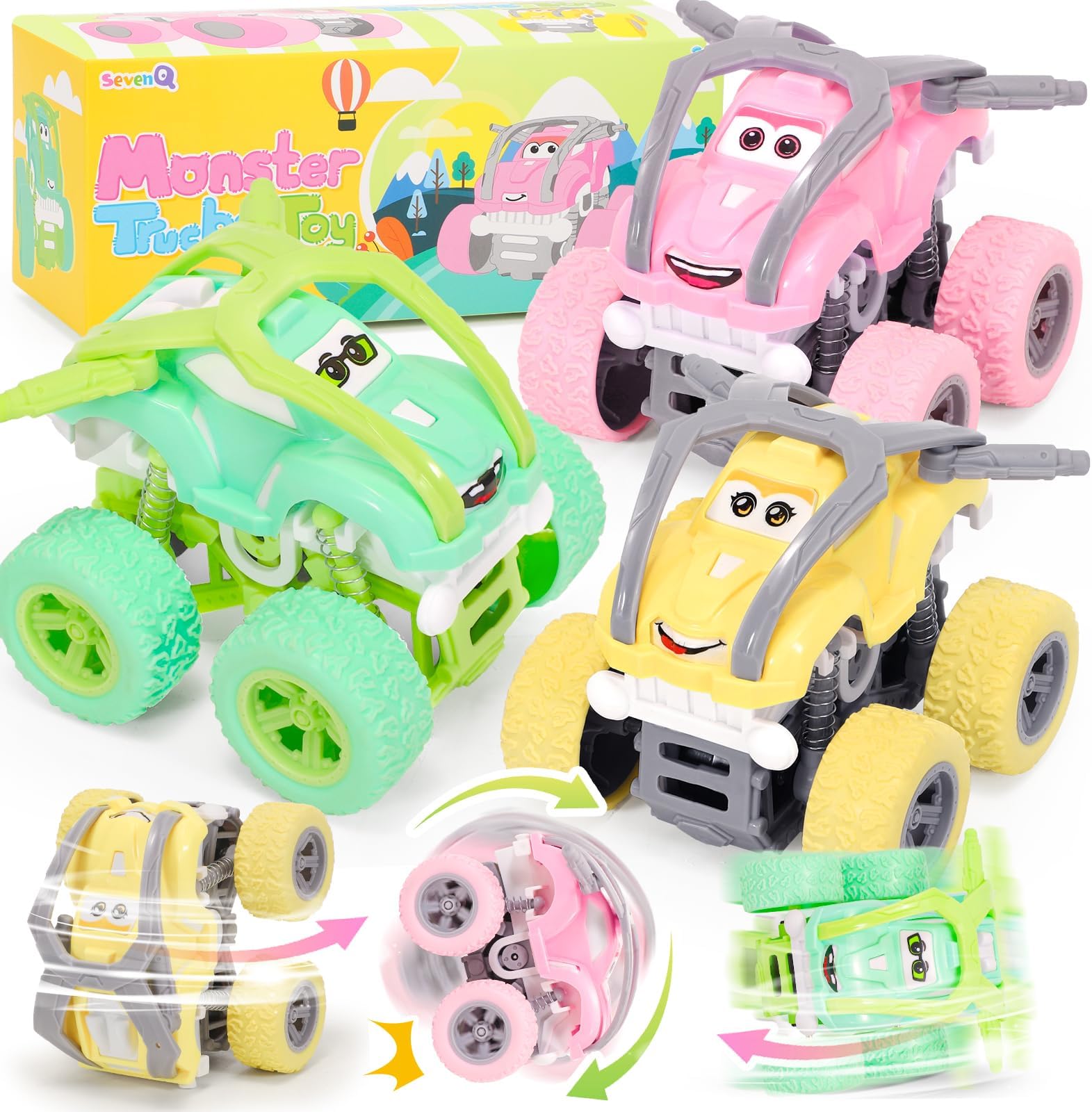 SevenQ Monster Truck Toys Cars for Kids, 3 Pcs Toy Trucks Vehicles Flip Stunt Car Push and Go, Race Car Party Favors Goodie Bag Classroom Prizes Toddler Toys for Boys Girls Birthday Gifts