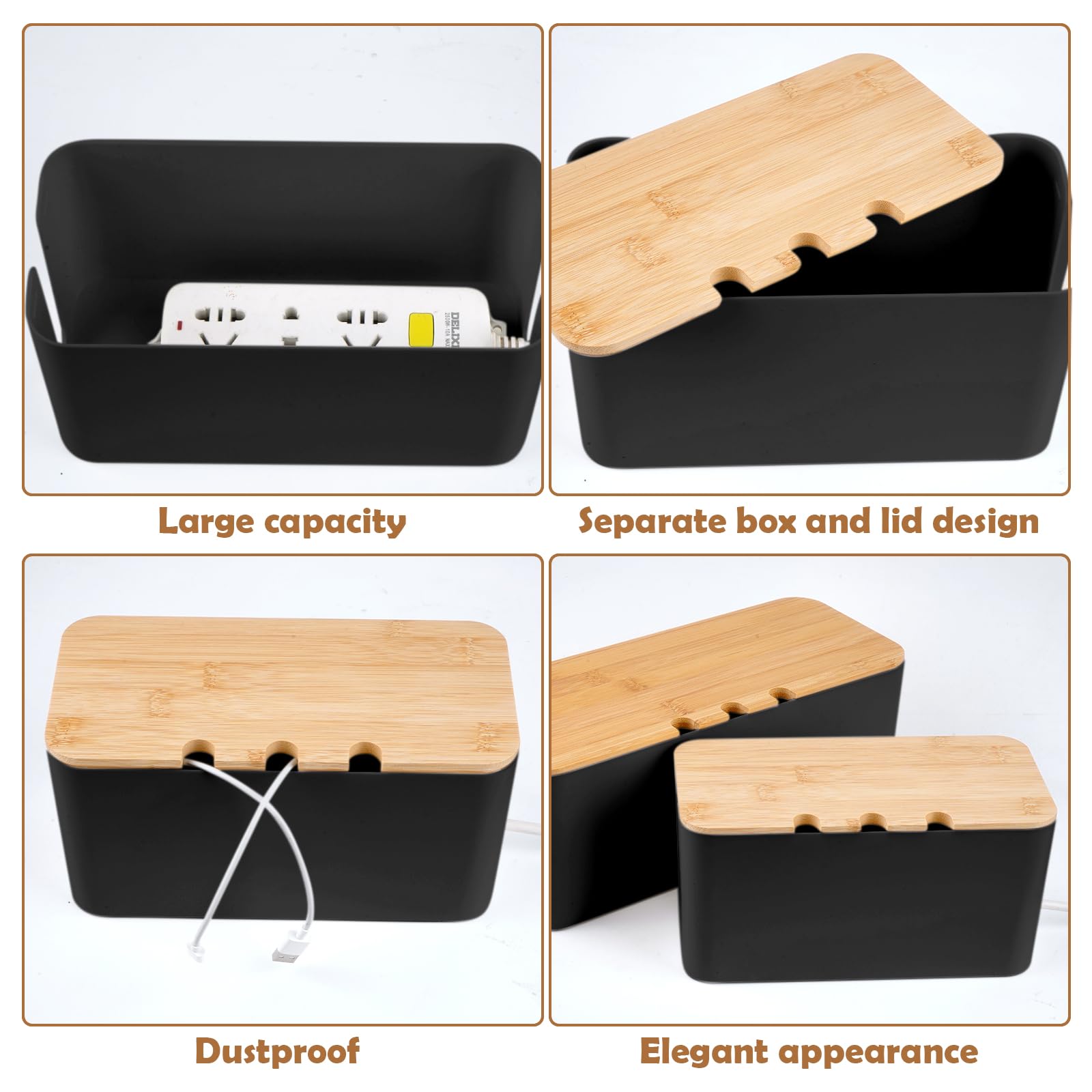 3 Piezas Caja Organizadora Cables, Caja Organizadora de Cables con Tapa de Madera Perforada, para Ocultar Enchufes, Tres Tamaños, Grande, Mediano y Pequeño, Negro