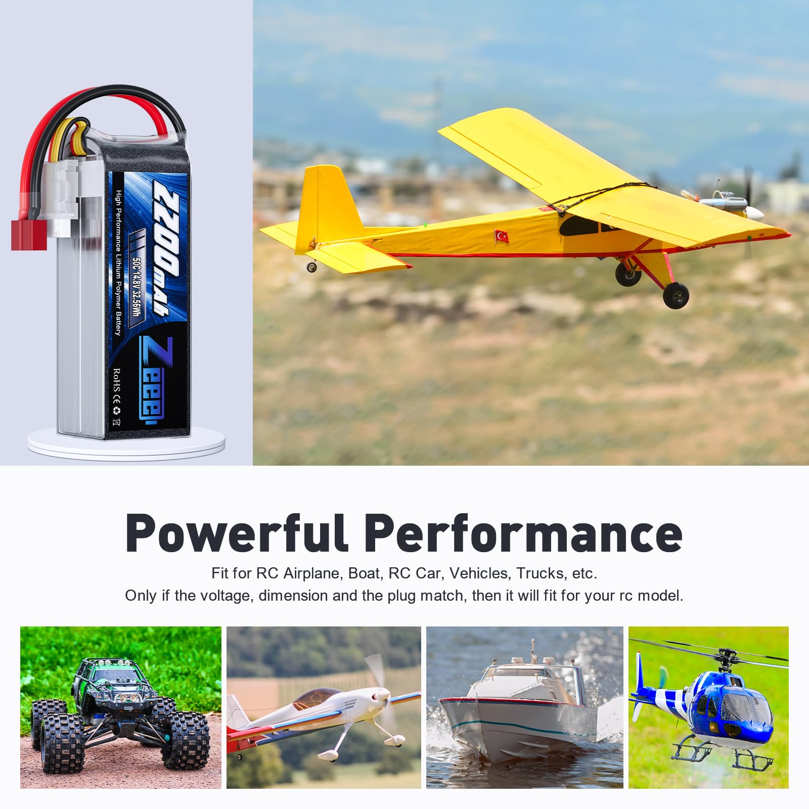 Zeee 4S Lipo Batería 14.8V 50C 2200mAh RC Batería con Deans T Plug para FPV Drone Quadcopter Helicóptero Avión RC Barco RC Coche RC Modelos (2 paquettes)