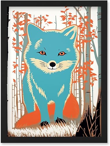 Artery8 Cute Blue Fox Forest Glade Landscape Bright Woodland Baby Animal Kids Bedroom Artwork Framed Wall Art Print A4