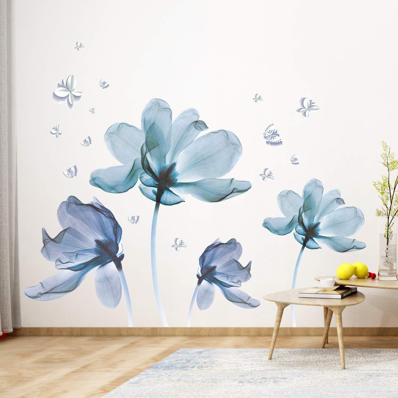 Amaonm Gaint Creative Removable 3D Nusery Flower Wall Decals DIY Romantic Floral Wall Sticker Murals Flowers Art Decor for Kids Girls Teens Bedroom Office Living Room Home Wall Decoration (Light Blue)