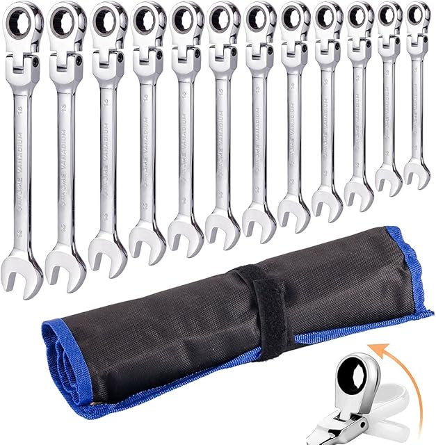 Qnkaa Ratchet Spanner Set 12pcs Metric Flexible Combination Wrench with Gear Ring Open-end Box-end Flex Flexi Head DIY Hand Tools Kit in Roll Bag 8-19mm
