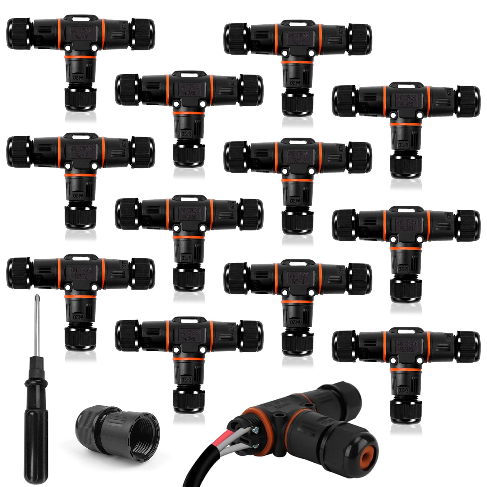 12pcs IP68 Waterproof Cable Connector, 3 Way T-Shape Electrical Junction Box, 3-12mm Cable Gland, 24A 450V Outdoor Wire Connector for Garden, Patio, Lighting, External Cable Wiring Solutions
