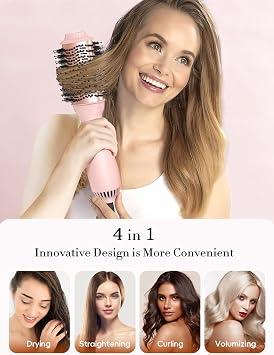 LANDOT Blow Hair Dryer Brush, One-Step Hot Air Styler & Volumizer, Ionic Blowout Brush for Drying Straightening Curling, 3 Heat/2 Speed Settings, Anti-Frizz Ceramic Titanium, UK Plug