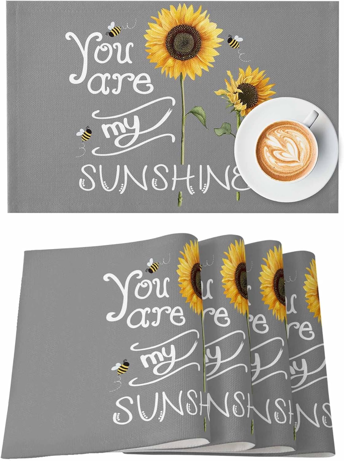You Are My Sunshine Placemat for Dinning Table Sunflower Placemats Set of 4-Cotton Linen Waterproof Cloth Table Mat-Easy Clean Place Mat,Machine Washable Fabric,Rustic Farmhouse Holiday Dinner Decor