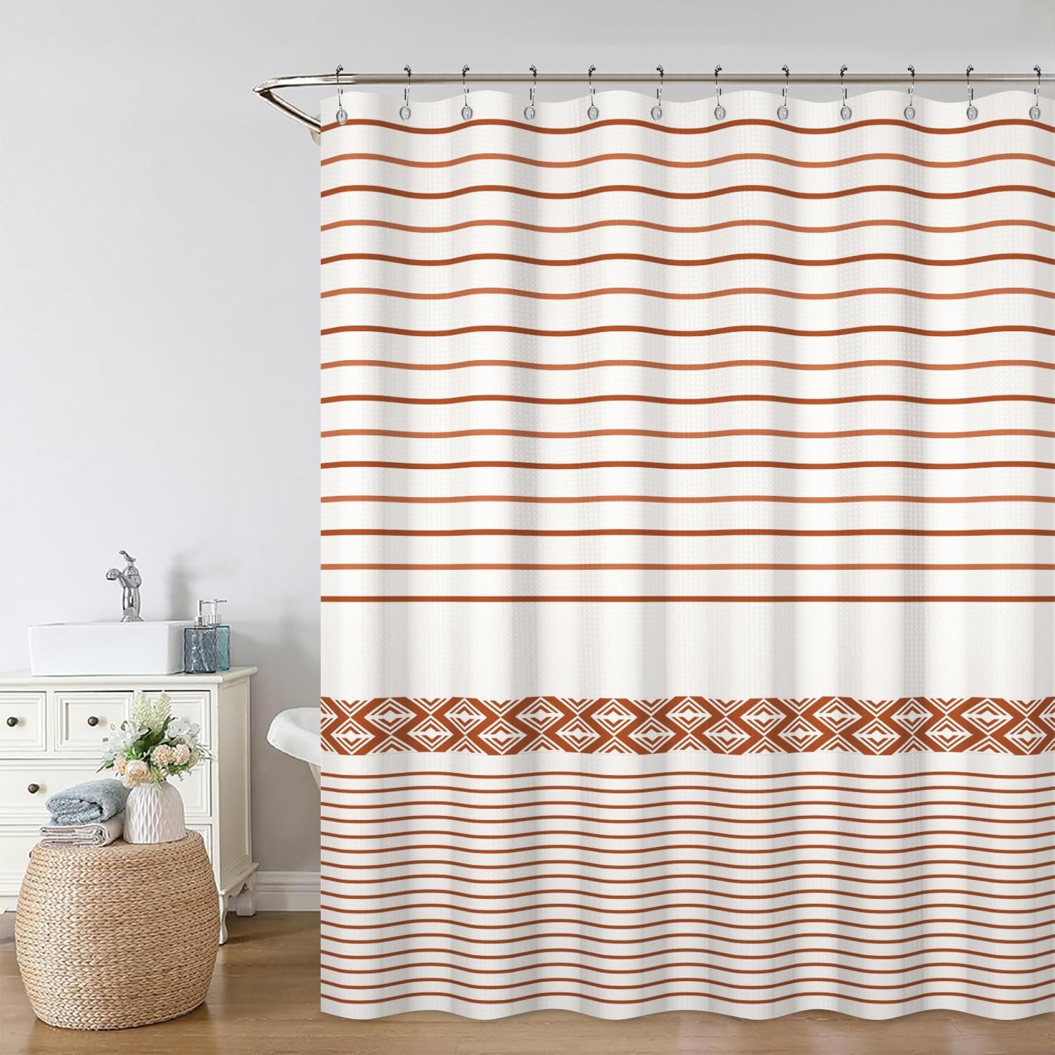 Bunrt Orange Shower Curtain for Bathroom Boho Striped Lines Waffle Fabric Shower Curtain Set with Hooks Modern Farmhouse Waterproof Curtains 72x72inches