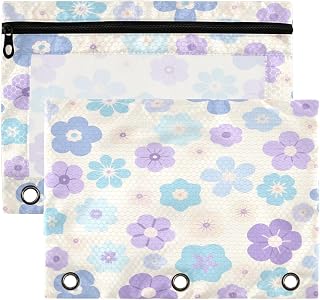 Binder Organizer kit with Clear Window Pencil case 3 Blue-Purple Small Flowers Clear Window & Grommets Pockets 3 Hole Pouched for Storing School Students Teacher Supplies 2 PCS