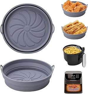 Alyvisun Air Fryer Silicone Baking Trays, 2 Piece Baking Tray Accessories Air Freezer Containers Reusable Basket Round Mat Moulds for Airfry, Microwave, Oven (Light Grey)