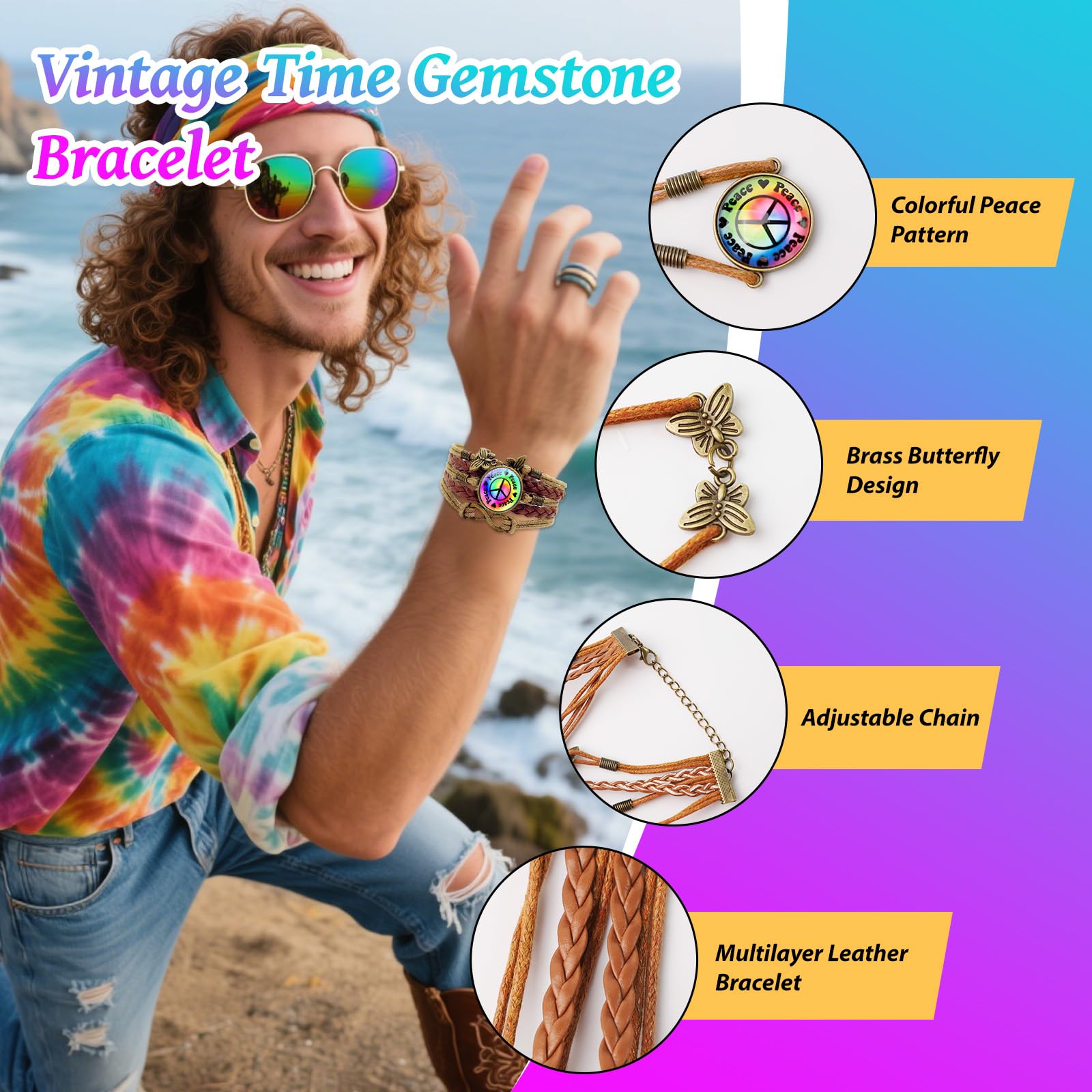 GOTRUST 5pcs Hippie Costume Set, 60s 70s Hippy Fancy Dress Accessories with Tie Dye Headband, Peace Necklace - Image 3