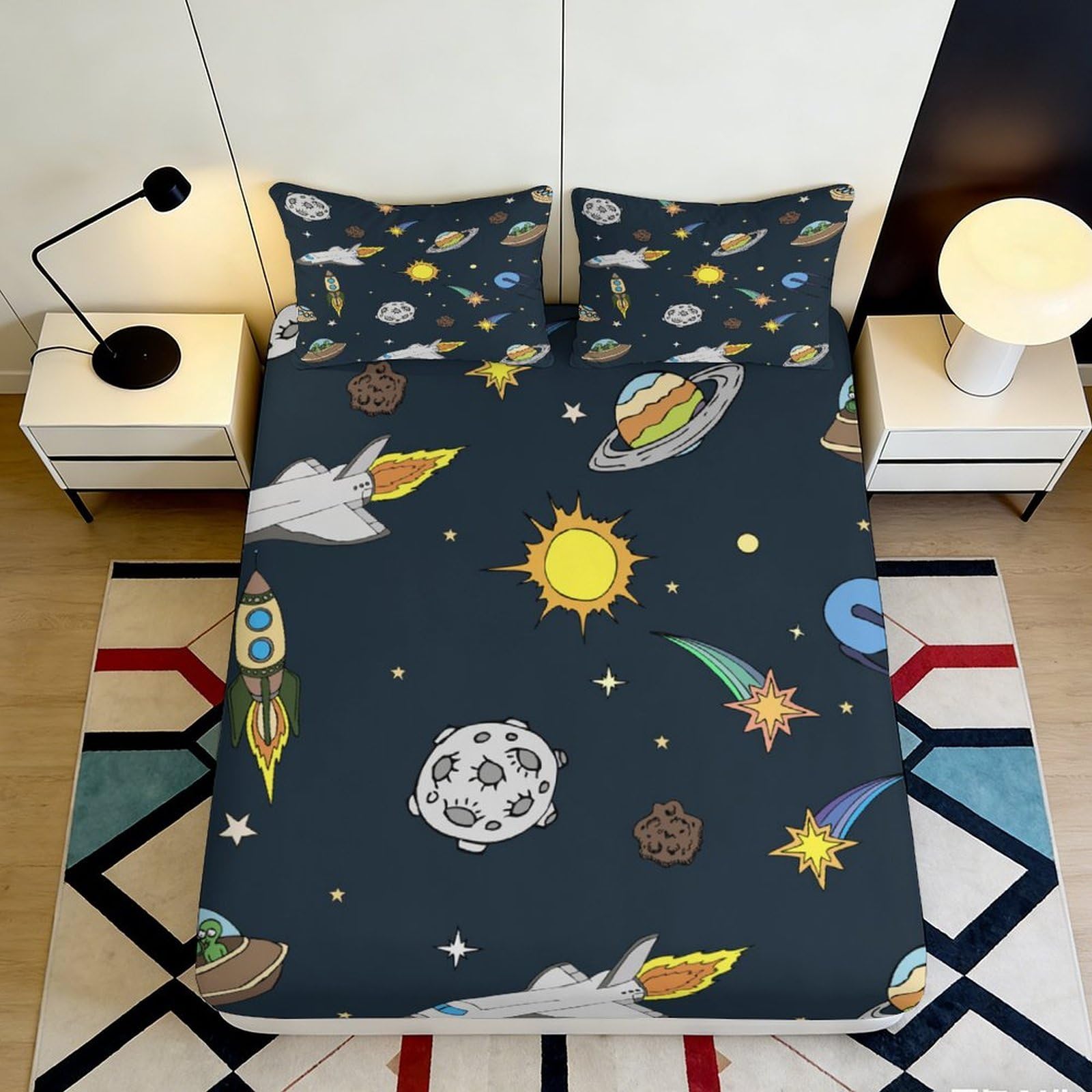 3D Printed Space Planet Fitted Sheet Microfiber Soft Bedroom Decor Cosmic Universe Mattress Cover Washable 90x200x25cm