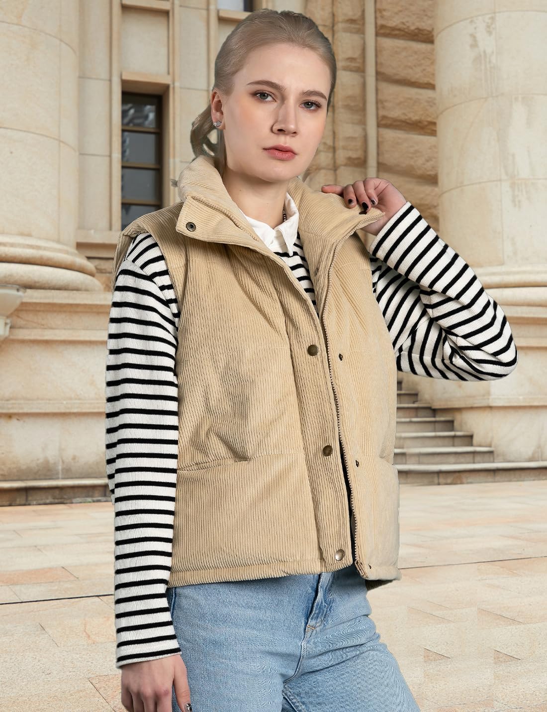 Womens Corduroy Puffer Vest Stand Collar Zip Snap Button Sleeveless Warm Waistcoat Padded Gilet - Image 4