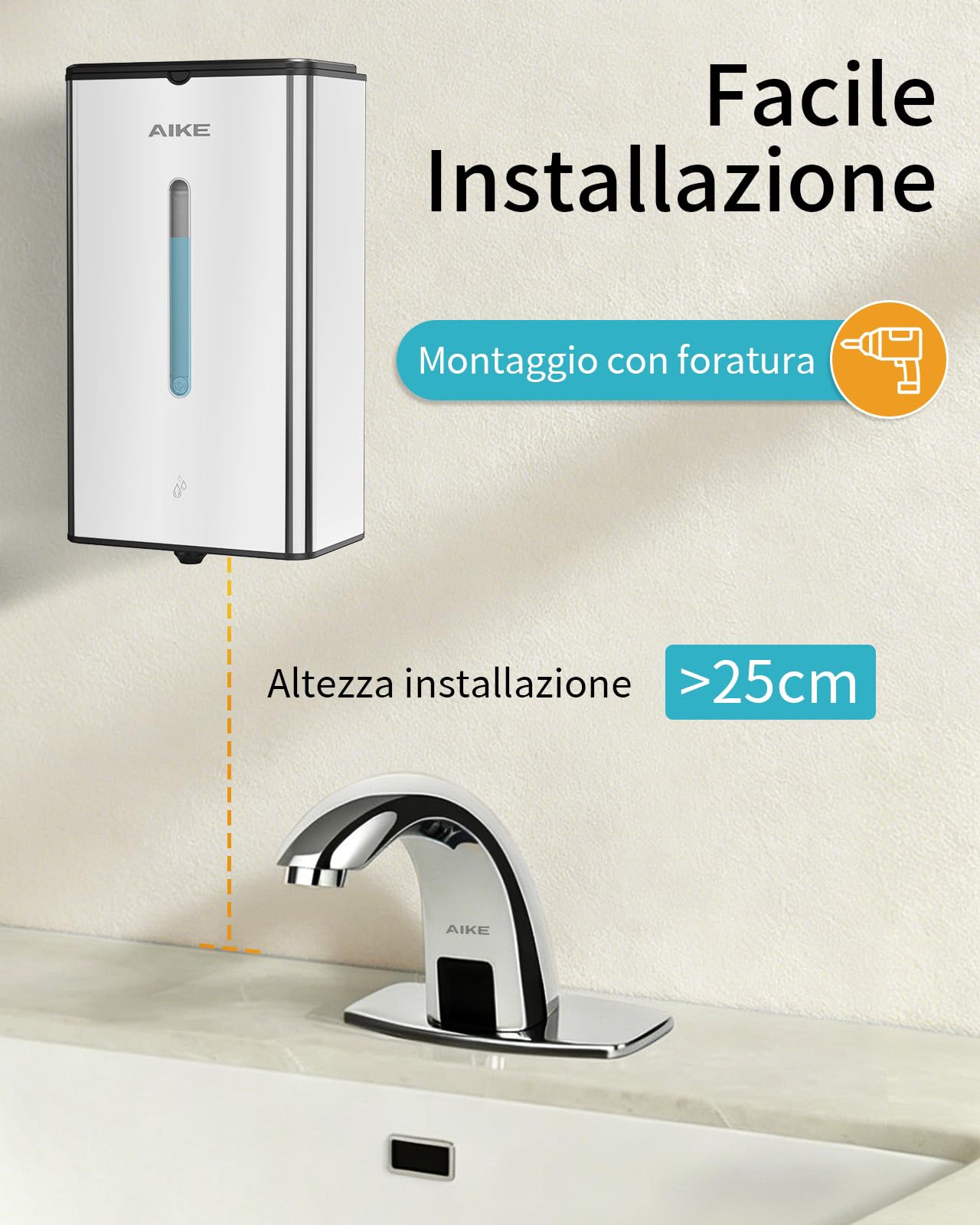 AIKE Square Dispenser Automatico Per Sapone Liquido, 1000 ML A Parete, Finitura Acciaio Inossidabile, AK1207
