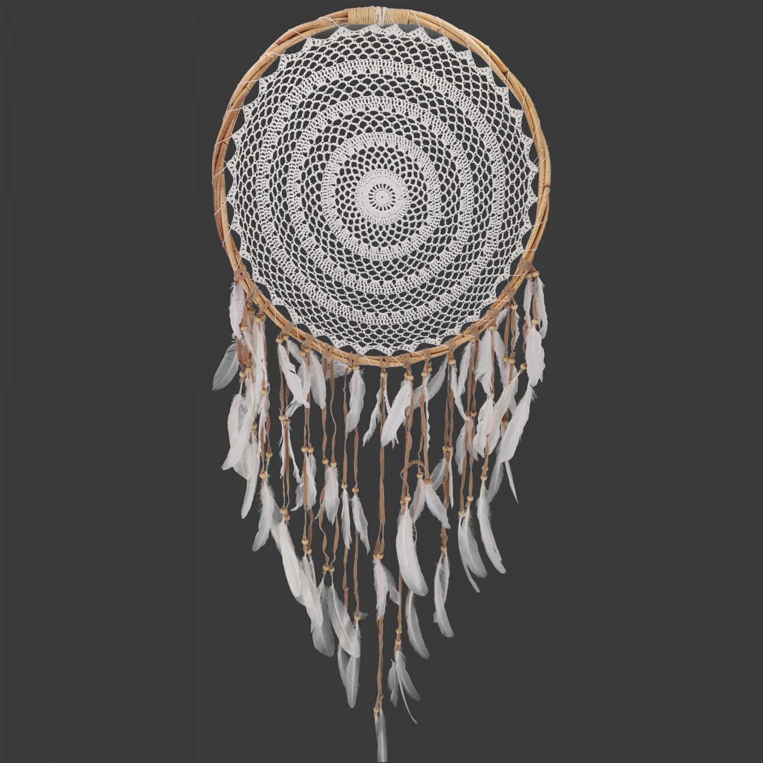 Großer exklusiver Traumfänger mit gehäkeltem Netz und Federn, weiß 50 cm | Riesiger Traumfänger, traditionelles Design, fängt böse Träume, ideal für Schlafzimmer, handgefertigt