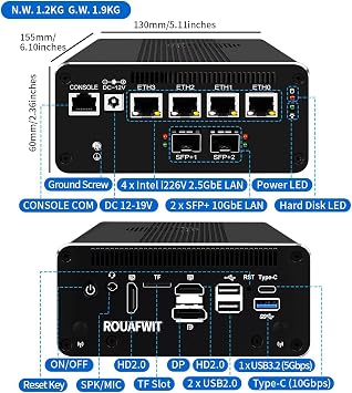 Mini PC 10Gbe Firewall Pentium 8505, DDR5 8GB RAM M.2 NVMe 128GB SSD, 2 x 10 Gigabit Ethernet SFP Micro Router Appliance Computer, 4 x i226V 2.5GbE LAN Support Windows OPNsense