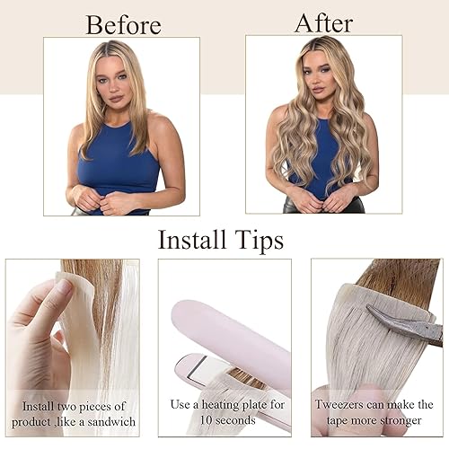 Miniatura 7 de Loxxy Extensiones adhesivas de cabello humano invisible, extensiones de cabello natural con trama de piel, color degradado, marrón dorado claro,