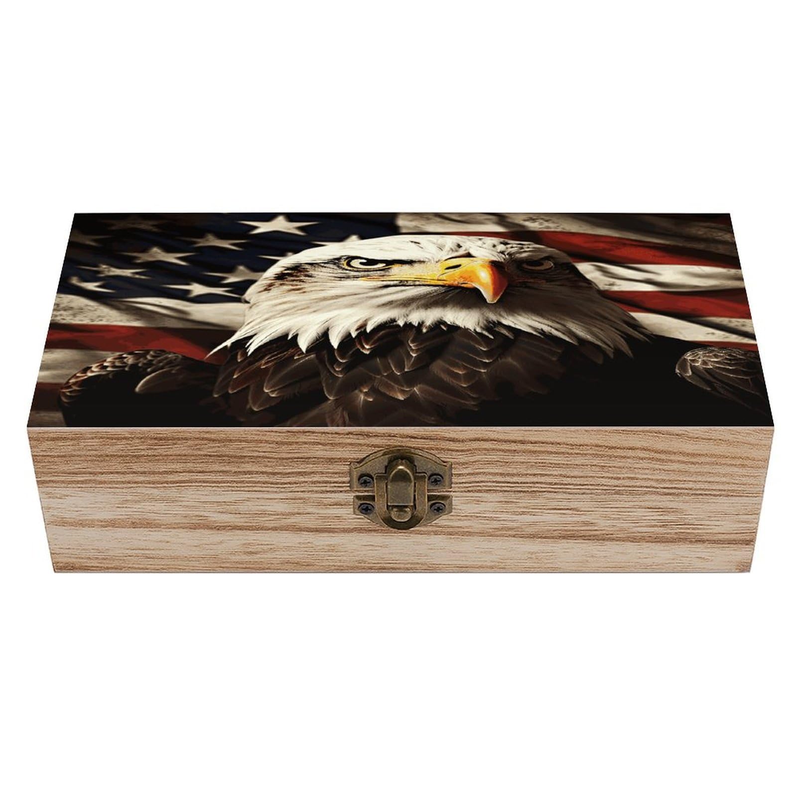Bald Eagle Flag Veterans Wooden Keepsake Box with Hinged Lid Solid Wood Gift Boxes Beautifully Keepsake Box Jewellery Organiser Retro Memory Treasure Case with Lids Decorative Boxes