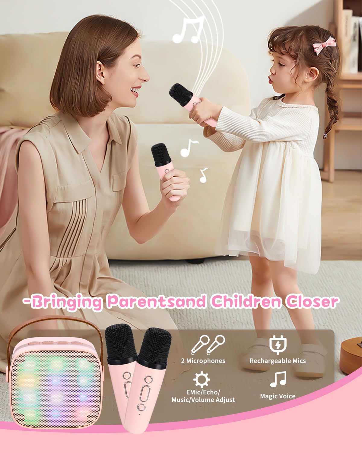 Karaoke Infantil,Karaoke 2 Microfonos, Karaoke Infantil y Microfono Inalambrico, Altavoz Bluetooth Portátil para Niñas y Niños, para Fiestas en Casa/Regalos/Juguetes