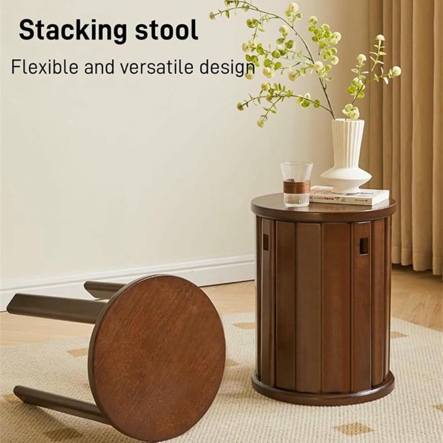 Wooden Round Stackable Stools and Side Tables Set of 4 Multi Purpose for Home Office Bar Light Brown