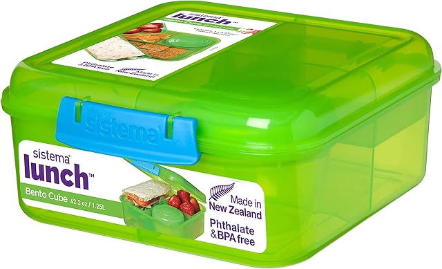 Sistema Bento Cube Lunch Box, 1.25 L Food Storage Container with Individual Compartments and Yoghurt Pot, Assorted Colours (Varies by Pack), 1 Count