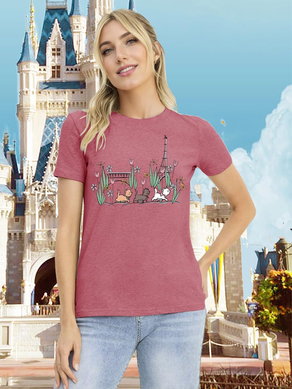 Cat Shirts for Women Magical Tops Flower Graphic Tee Vacation Short Sleeve image 2