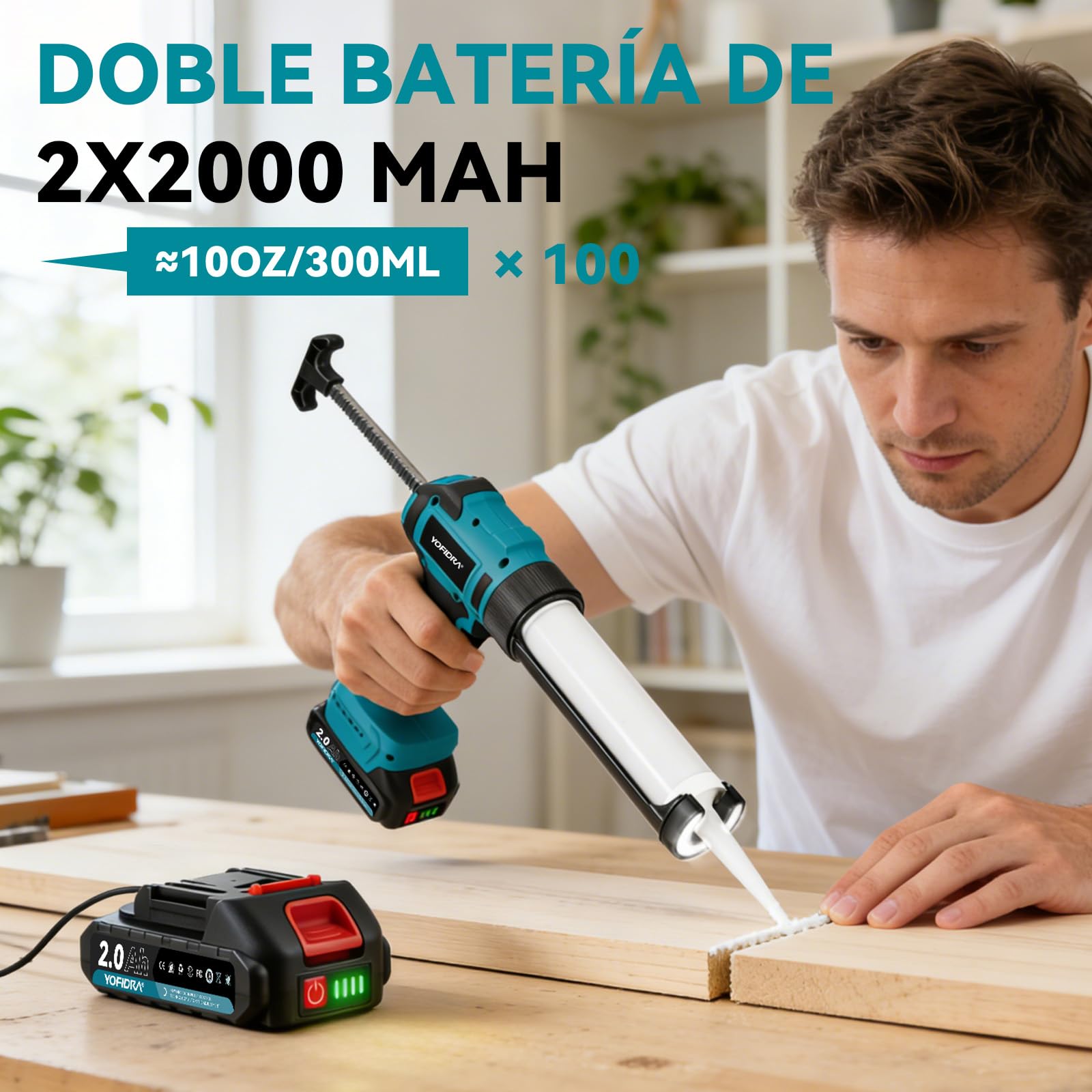 Yofidra Pistola de silicona con batería de 2 baterías de 2,0 Ah, 6 velocidades, 16 boquillas, juego de herramientas de sellado de silicona, luz LED, jeringa de silicona, batería para cartuchos de 300