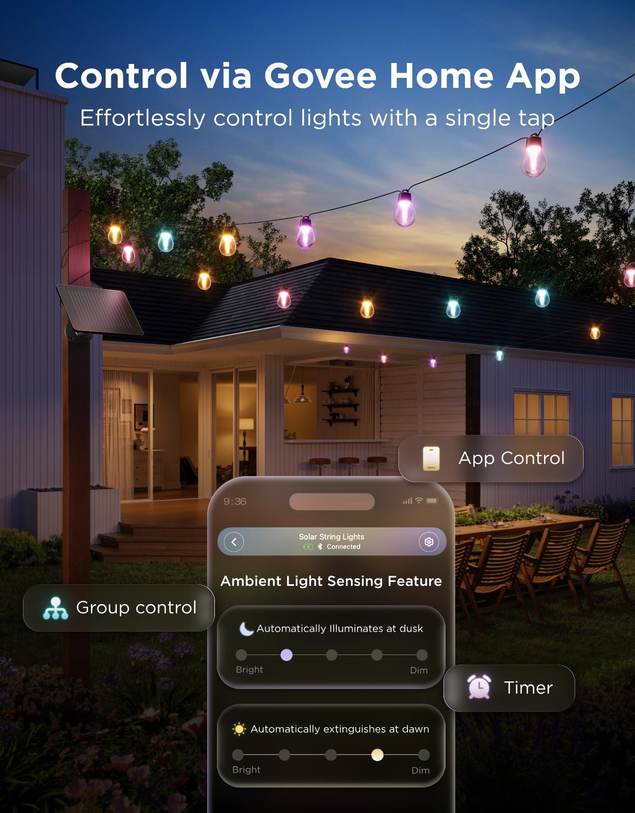 Govee Outdoor Solar String Lights 33ft, RGBICW Outdoor Lights with 8 Dimmable LED Shatterproof Bulbs, 112 Modes & APP Control, IP67 Waterproof Patio Lights for Garden, Backyard, Camping (Bluetooth) — view 6