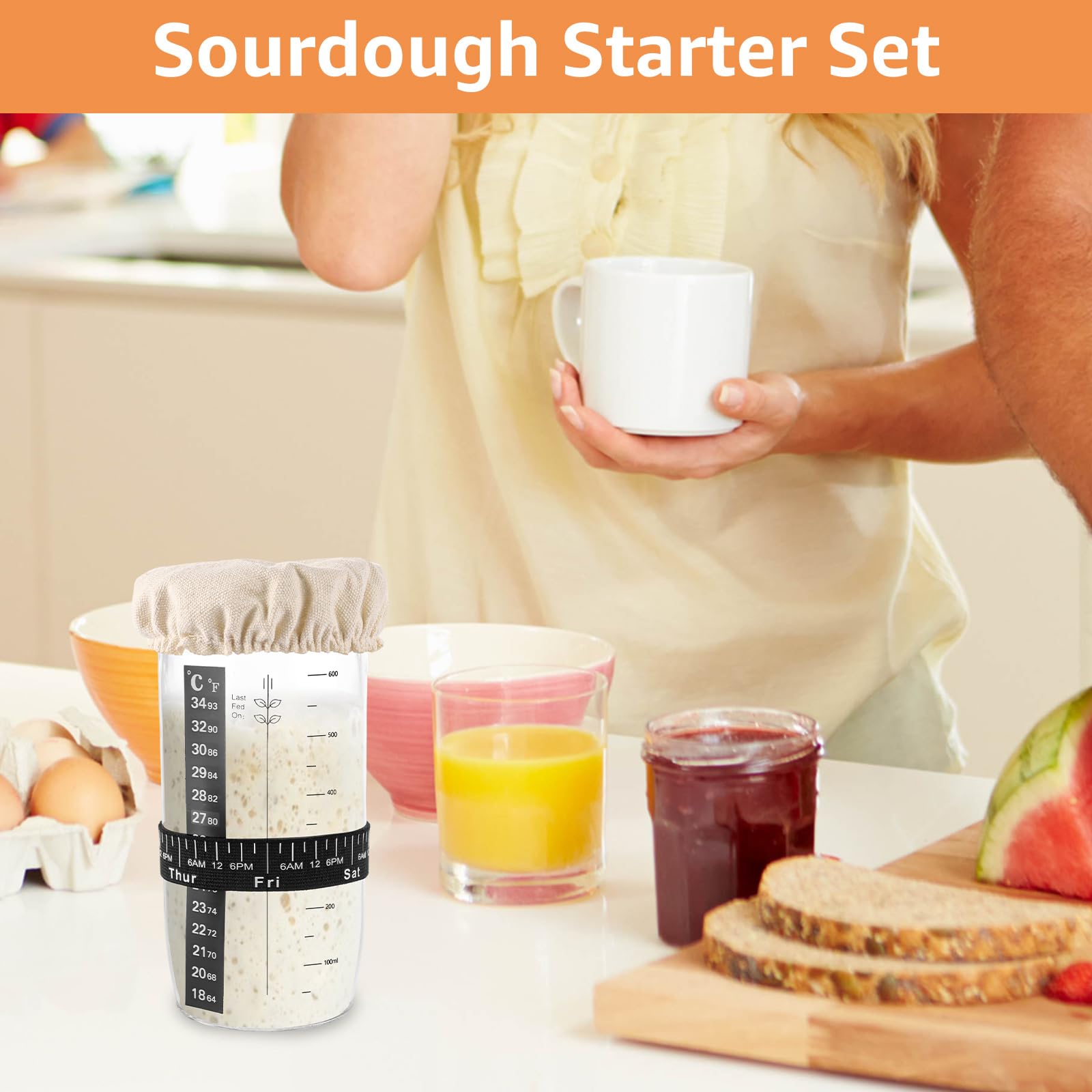 WOPPLXY 2 Pièces Kit Levain, 730 ML Bocal de Démarrage pour Levain, Kit de Démarrage au Levains avec Ruban d'alimentation Datte, Thermomètre, Couvercle, Spatule en Silicone