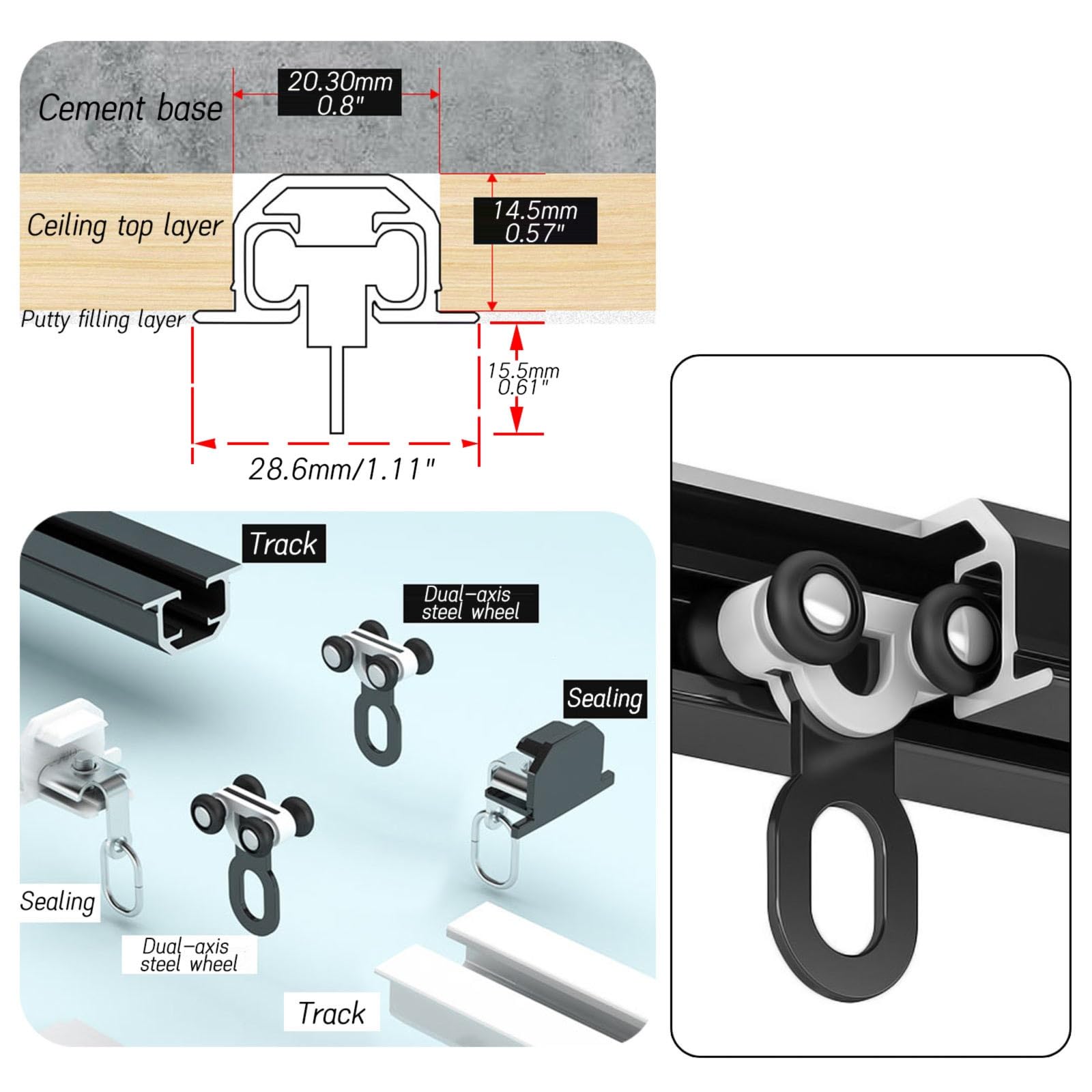 Heavy Du Metal ain Track 170 cm Soffitto Aliante per Divisori Liscio Scorrevole ain Rod Lunghezze regolabili 70 300 cm (nero)