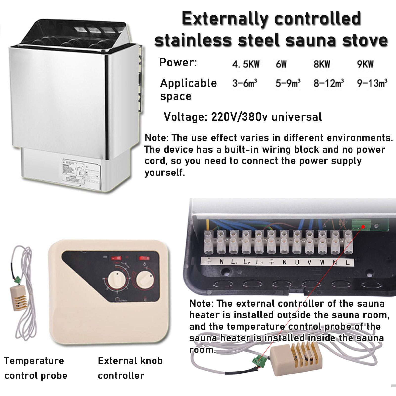 Riscaldatore Elettrico per Sauna, Forno per Sauna in Acciaio Inox da 4,5-9 kW, Controllo Sauna Esterno, Sauna Premium, Bagno Umido e Asciutto, Attrezzatura per Sala Sauna per casa, Hotel,8KW