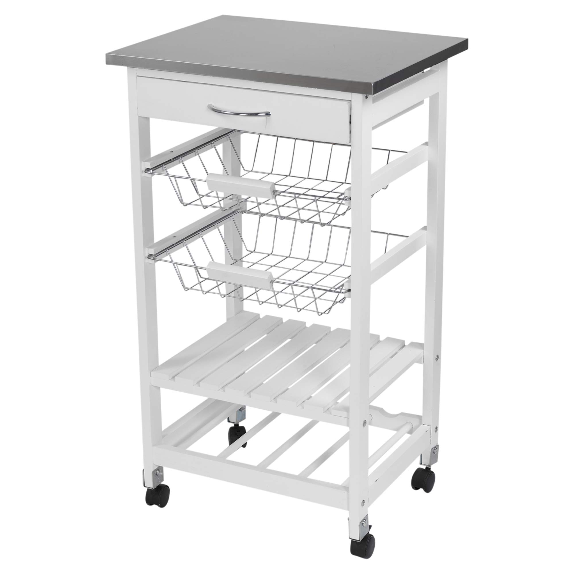 Urbnliving White Wood & Metal Rolling Kitchen Serving Trolley Storage Drawer Cart Vegetable