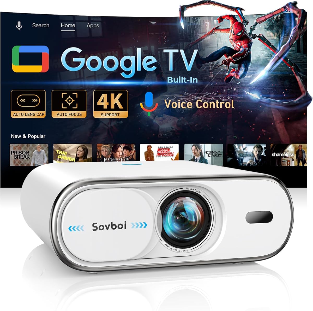 Projector 4K: [1500 ANSI Native 1080P, Auto Focus & 4D Keystone, Auto Lens Cover, Compatible with Google TV, WiFi 6 & Bluetooth 5.2] Sovboi-Smart-Projector for Home Theater, Movie, Gift