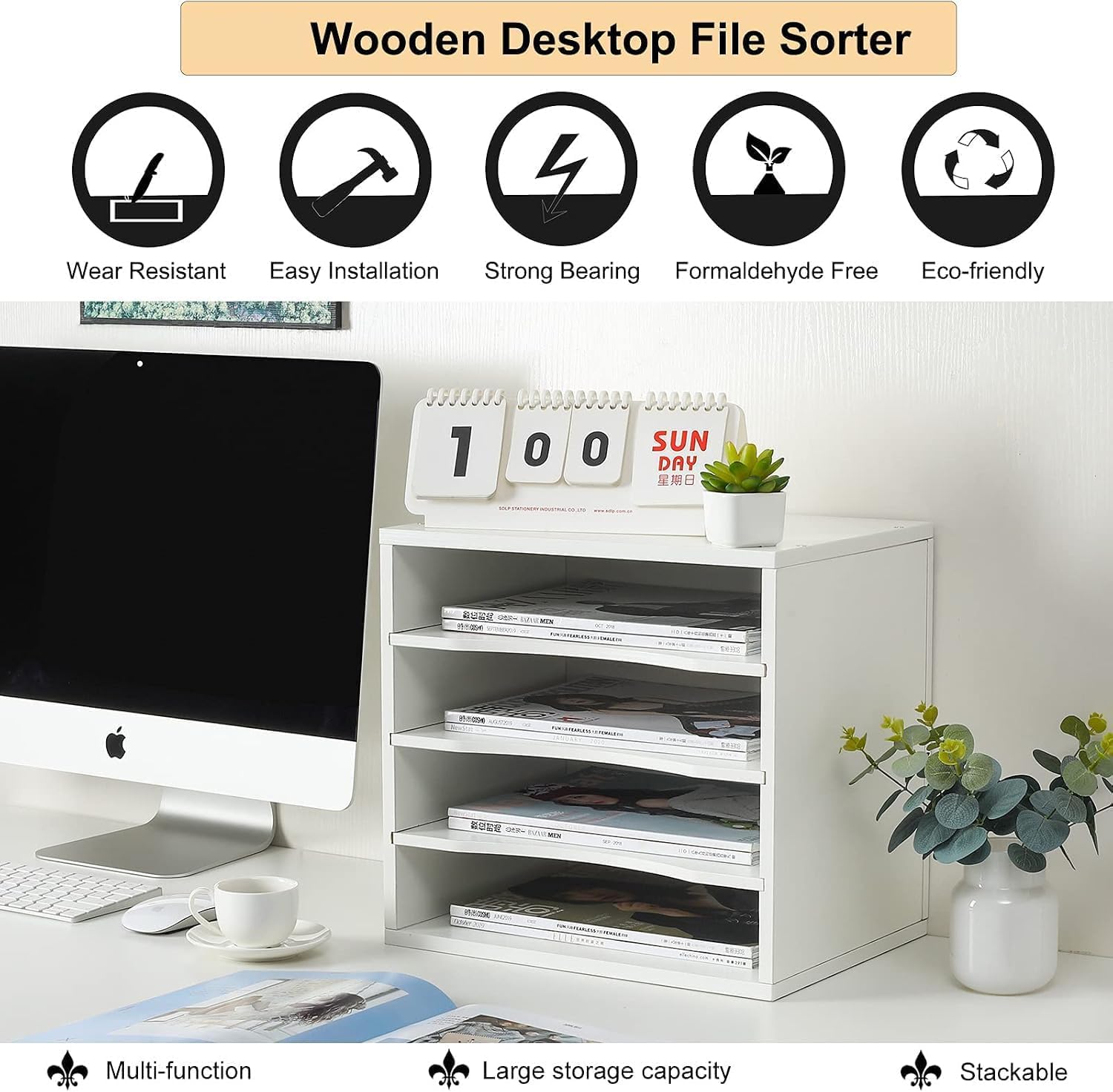 PAG Robuste et Durable Organisateur de Bureau Bois,Corbeille a Courrier pour Dossiers/Courriers/Enveloppes/Fournitures Postales ou Magazines, Blanc