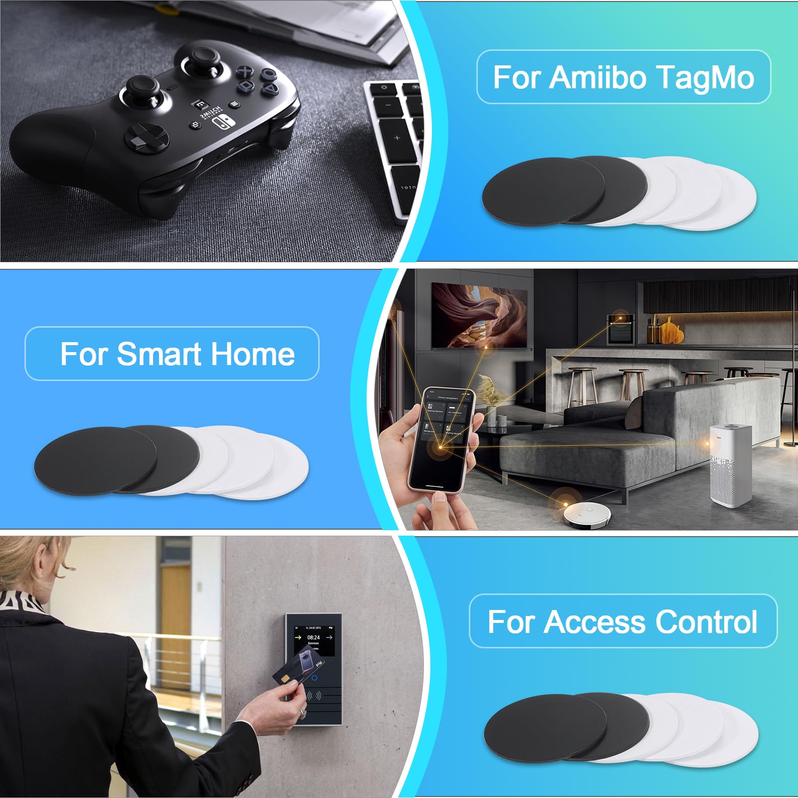 JIANTA 30 sztuk znaczników NFC z pudełkiem do przechowywania, puste naklejki NFC z samoprzylepnym tyłem, układ Ntag215, znacznik NFC kompatybilny z TagMo i Amiibo, 2,5 cm, czarny/biały