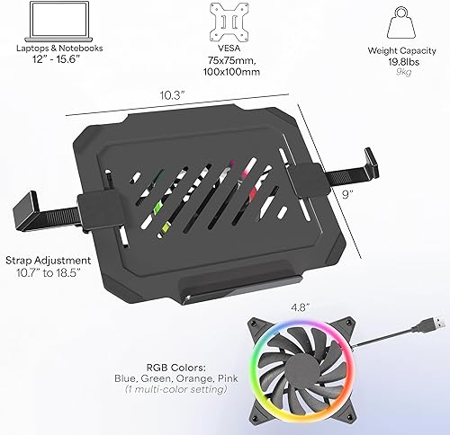 Vista 4 de VIVO Bandeja universal ajustable para laptop de 12 a 15.6 pulgadas con ventilador RGB, compatible con brazos de monitor compatibles con VESA, negro
