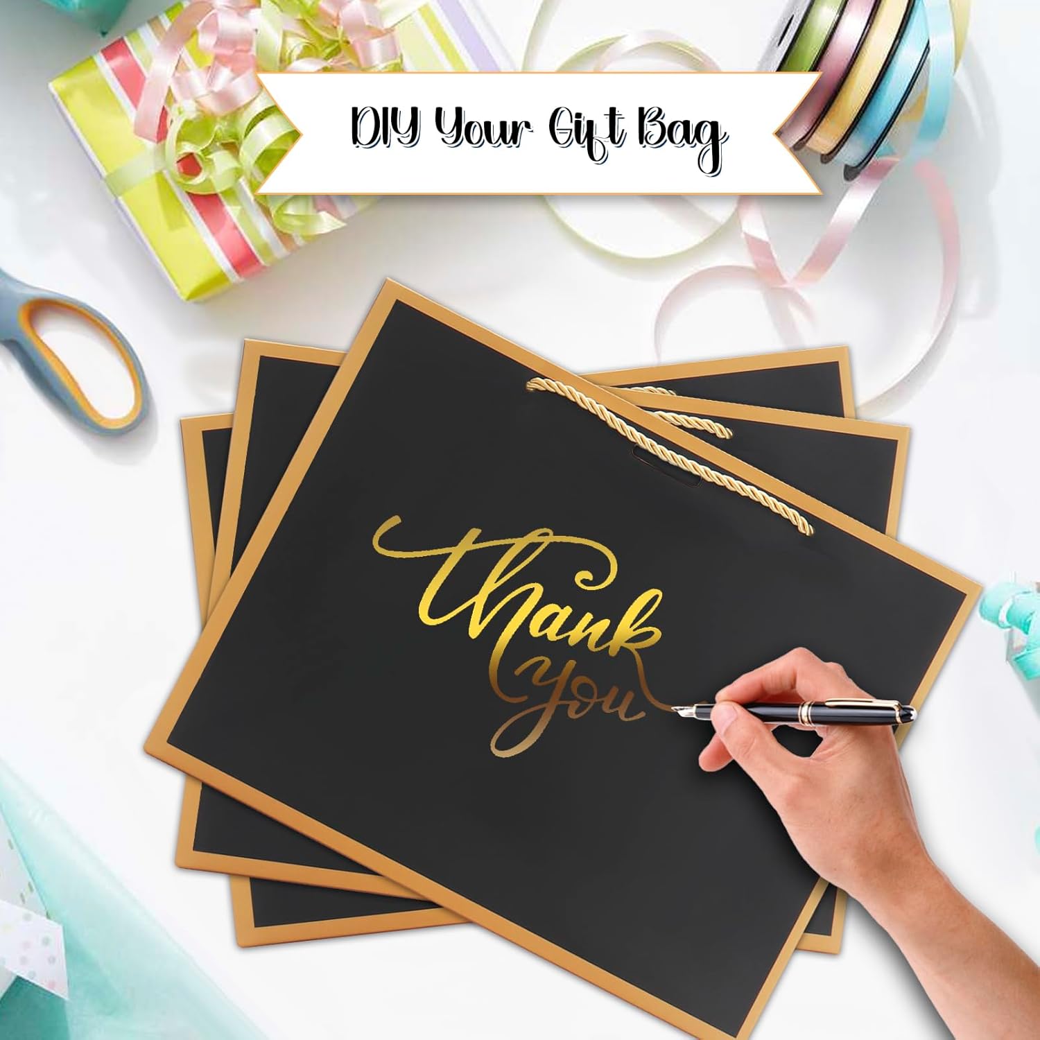 QIELSER 12 pcs Black Gift Bags with Handles 12.6x4.5x10 Inches Large Paper Bags with Bow Ribbon and Tissue Paper Gift Wrap Bags for Birthday Bridesmaid Party Wedding Baby Shower Valentines,Black-Gold - Image 4