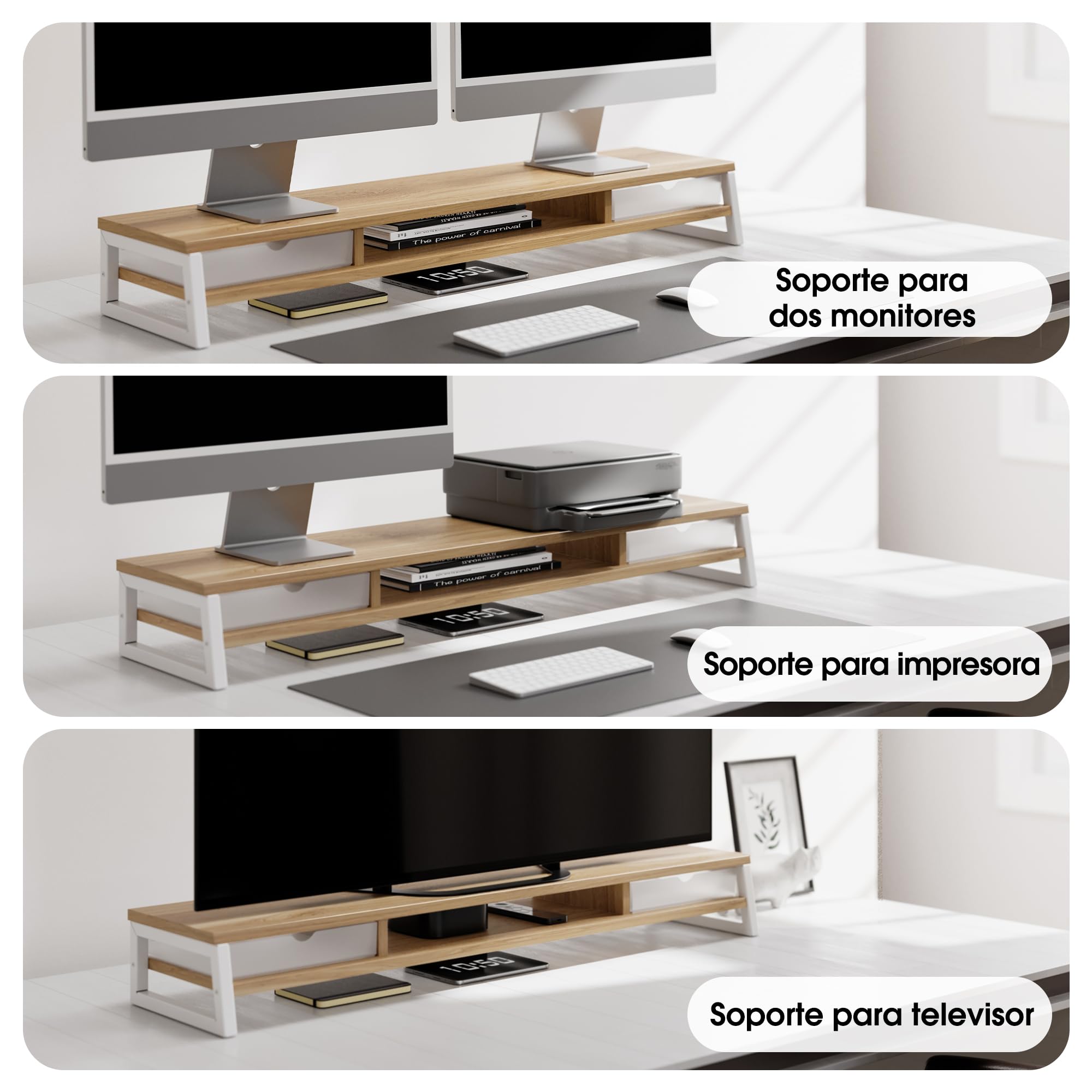 Fenge Supporto doppio per monitor con 2 cassetti in acrilico, 2 ripiani, 108 cm, per PC, laptop, fax, stampante, TV, portata 45 kg (rovere scuro)
