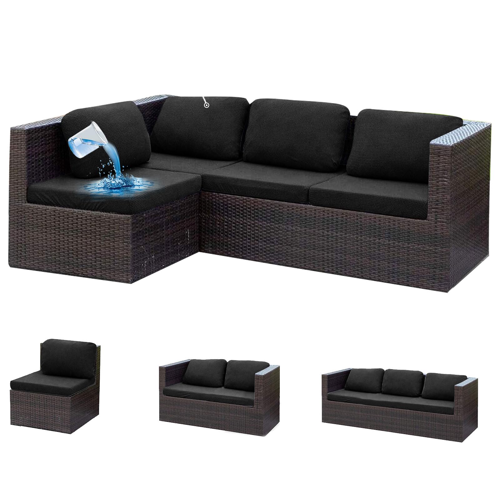 ZGDDPZA Stretch Patio Sofa Cushion Cover, Waterproof Seat & Backrest Protector for 1/2/3 Seater Jacquard Elastic Fit Slipcover for Garden Bench, Rattan, Outdoor (Black,1-Seater,Waterproof)