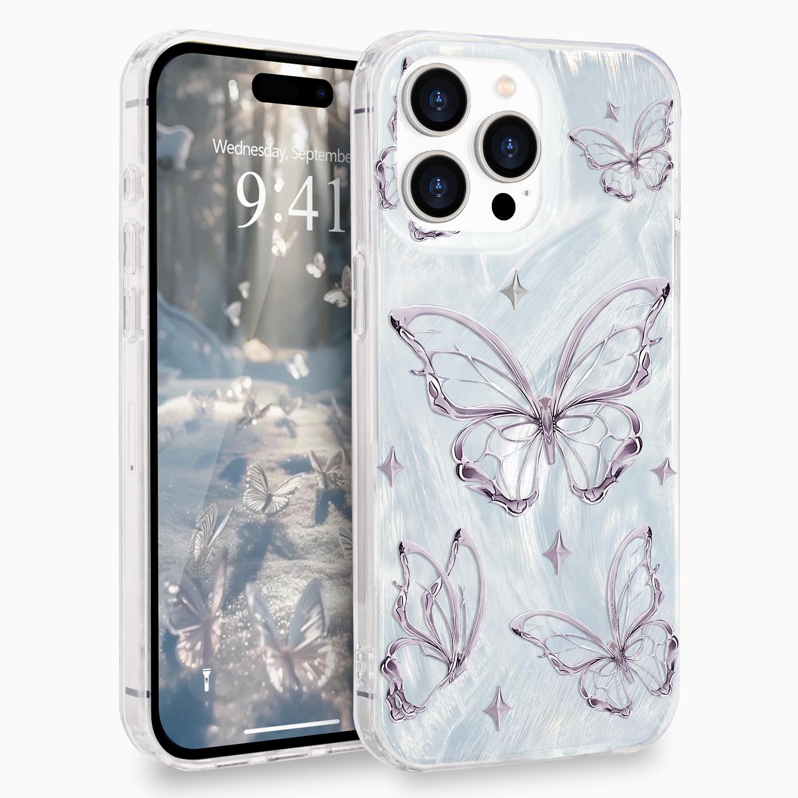 L-FADNUT for iPhone 15 Pro Case for Women Girls Shiny Silver Butterfly Design,Cute Trendy Soft Slim TPU Shockproof Protective Phone Case Cover for