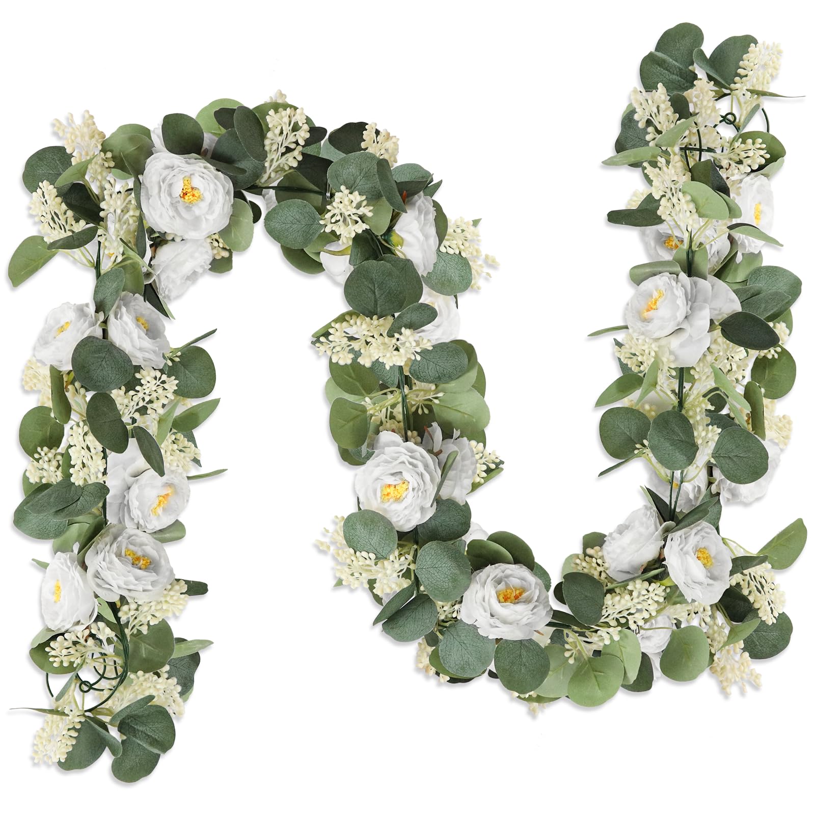 MAKHOT 2Pack White 6.6Ft Artificial Eucalyptus Garland with Flowers, Fake Rose Gypsophila Vine Rose Garlands Decor, Floral Flower Greenery Garland for