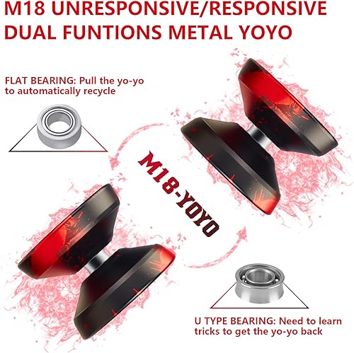 Miniatura 2 de WATIEOBOO Yoyo de metal profesional, Yoyo sensible para niños principiantes, Yoyo insensible para adultos (M18-negro y rojo)