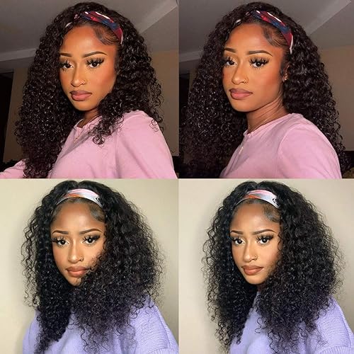 Headband Wig Human Hair for Black Women Deep Wave Glueless 150% Density None Lace Front Wigs Brazilian Virgin Curly Machine Made Easy Wear 14 Inch Headband Wigs