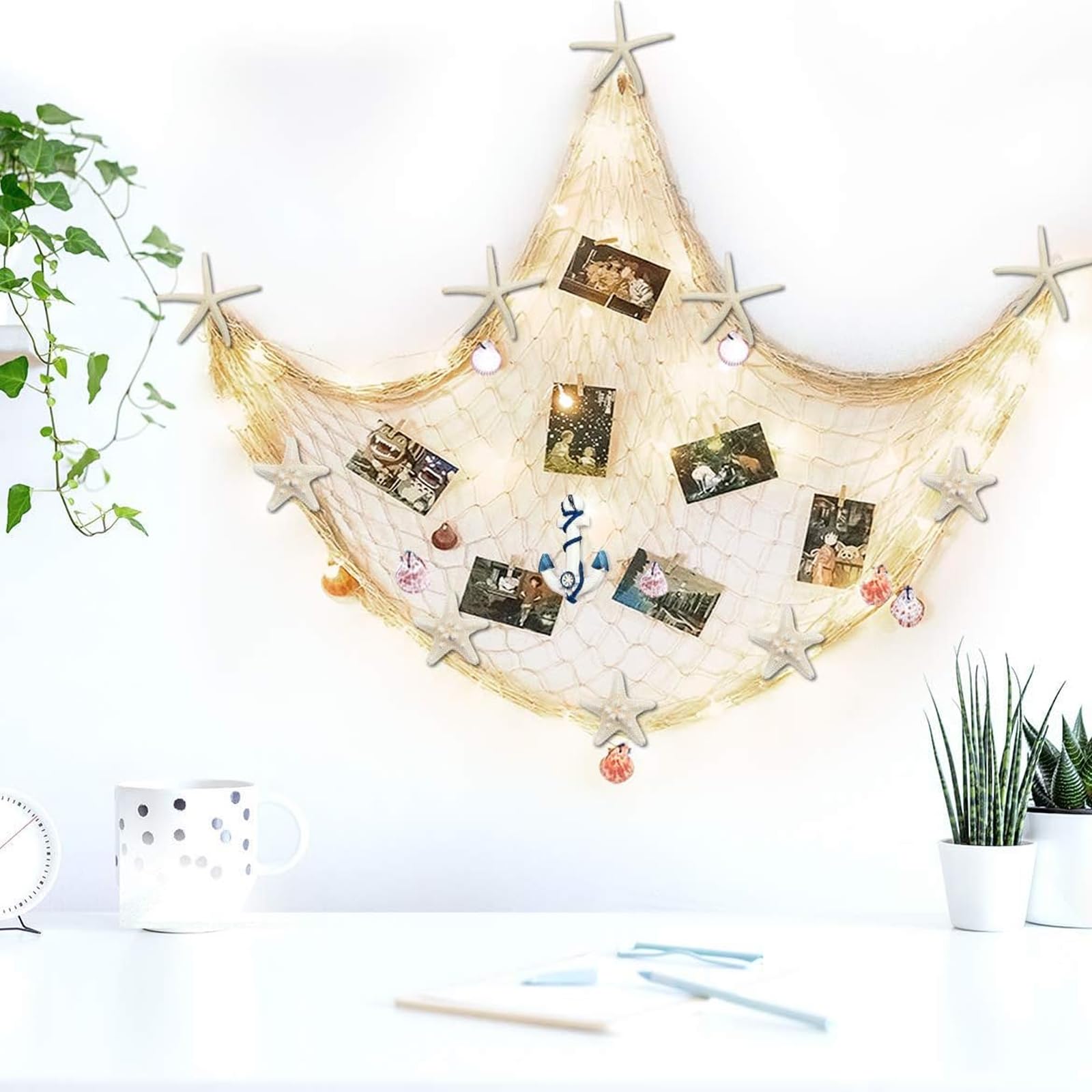 1 filet de pêche décoratif (200 x 100 cm), filet de coton naturel, style méditerranéen et nautique, pour les fêtes sur la plage, le salon et la chambre à coucher