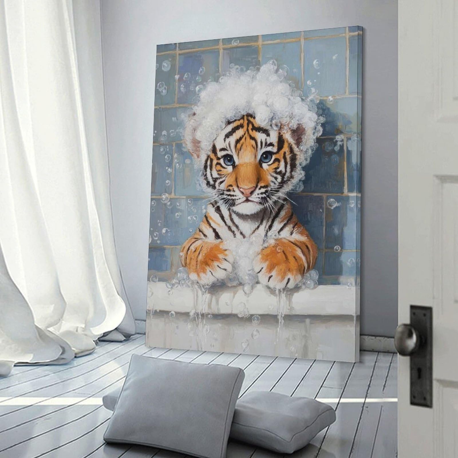 Junmoney Frame-Style-9 Tiger Cub Bath Time Home Decor Wall Art, 12X18inch(30X45cm), For Apartment Walls, Studios Or Work Areas, Stylish Wall Art For Fresh Spaces