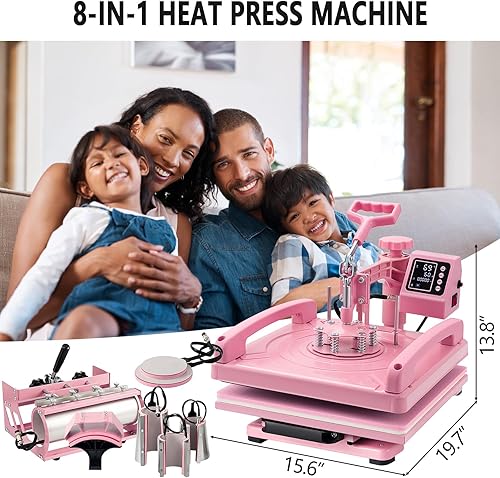 Miniatura 8 de Máquina de prensa de calor 8 en 1 de 15 x 15 pulgadas, máquina de prensa de calor para camisetas, sombreros, tapas, tazas, placa oscilante de 360,